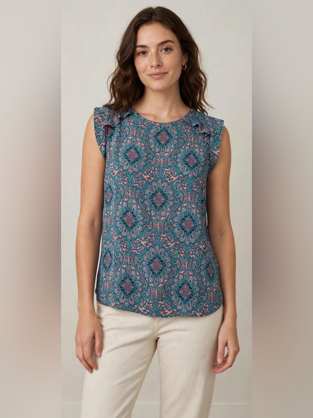 LOFT Teal and Pink Paisley Flutter-Sleeve Tank